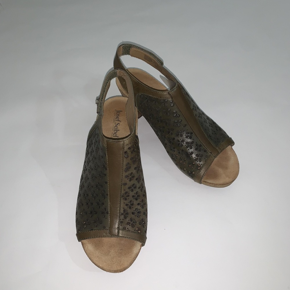 Josef Seibel Sandals Womens 9 Green Leather Slingback Floral Cutout Heel Comfort